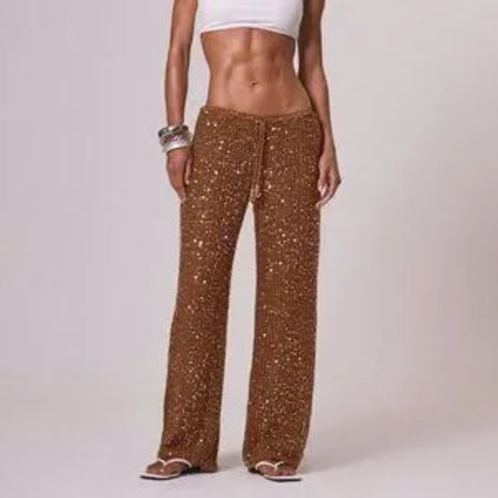 ZARA Rust Brown Women's Resort Drawstring Waist Sequin Relaxed Wide Leg pants